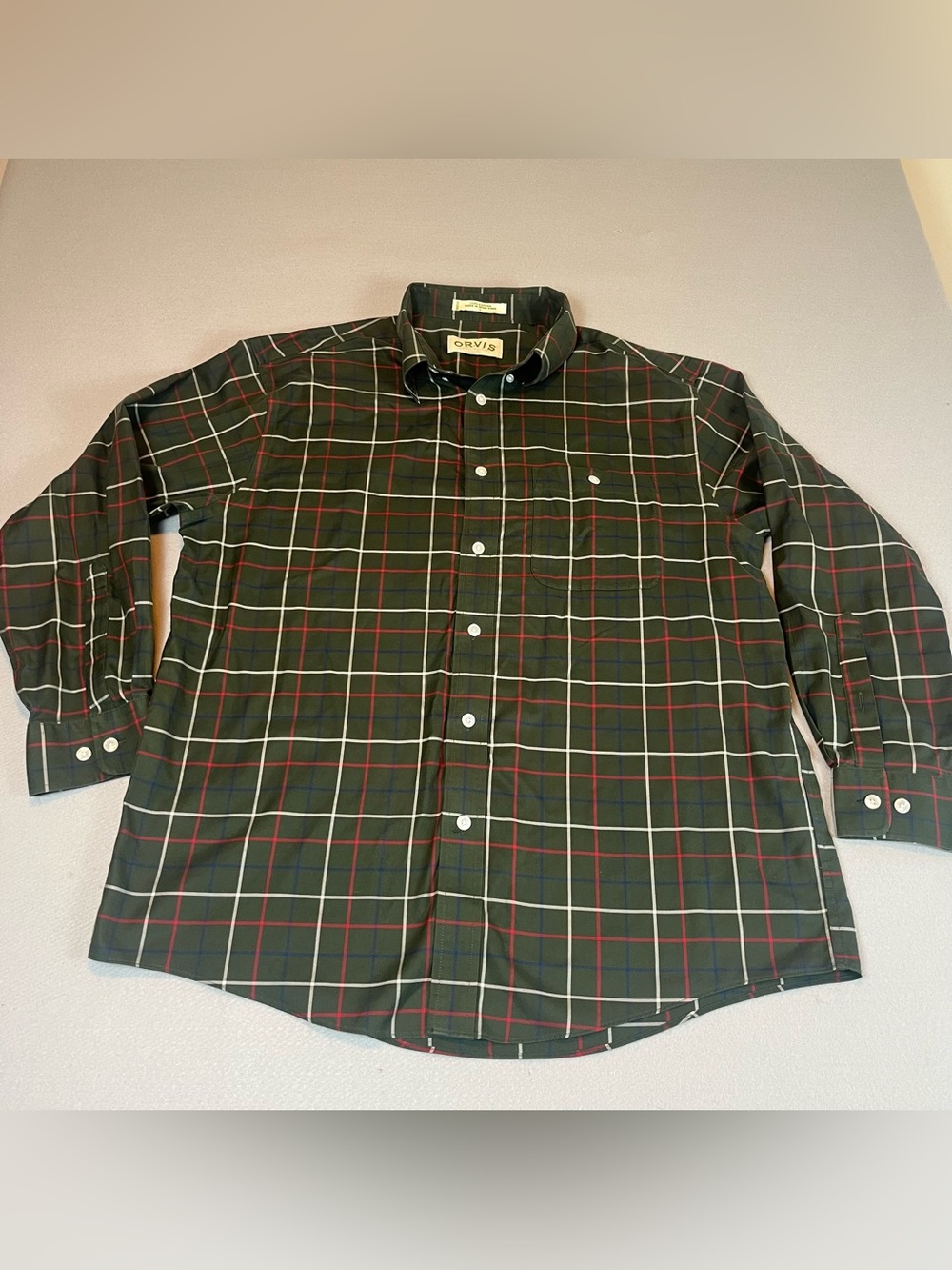Vintage Orvis Shirt Men Large Green Plaid Button Down Long Sleeve Cotton Outdoor